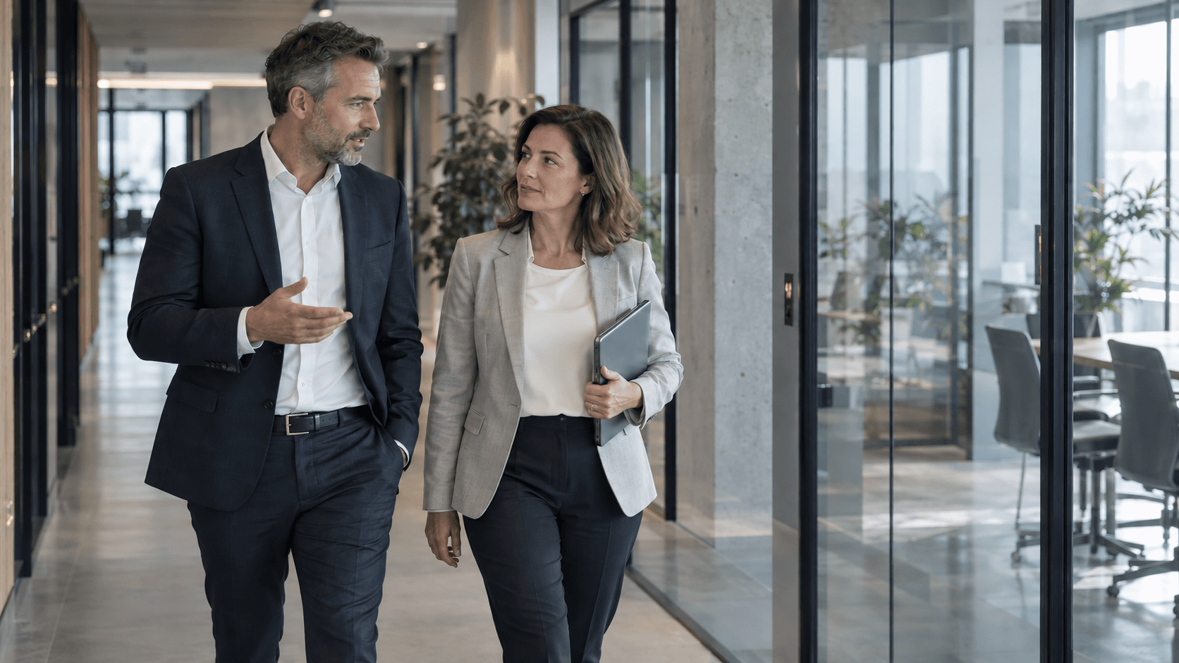 A consultant and a finance director walking and talking along an office corridor