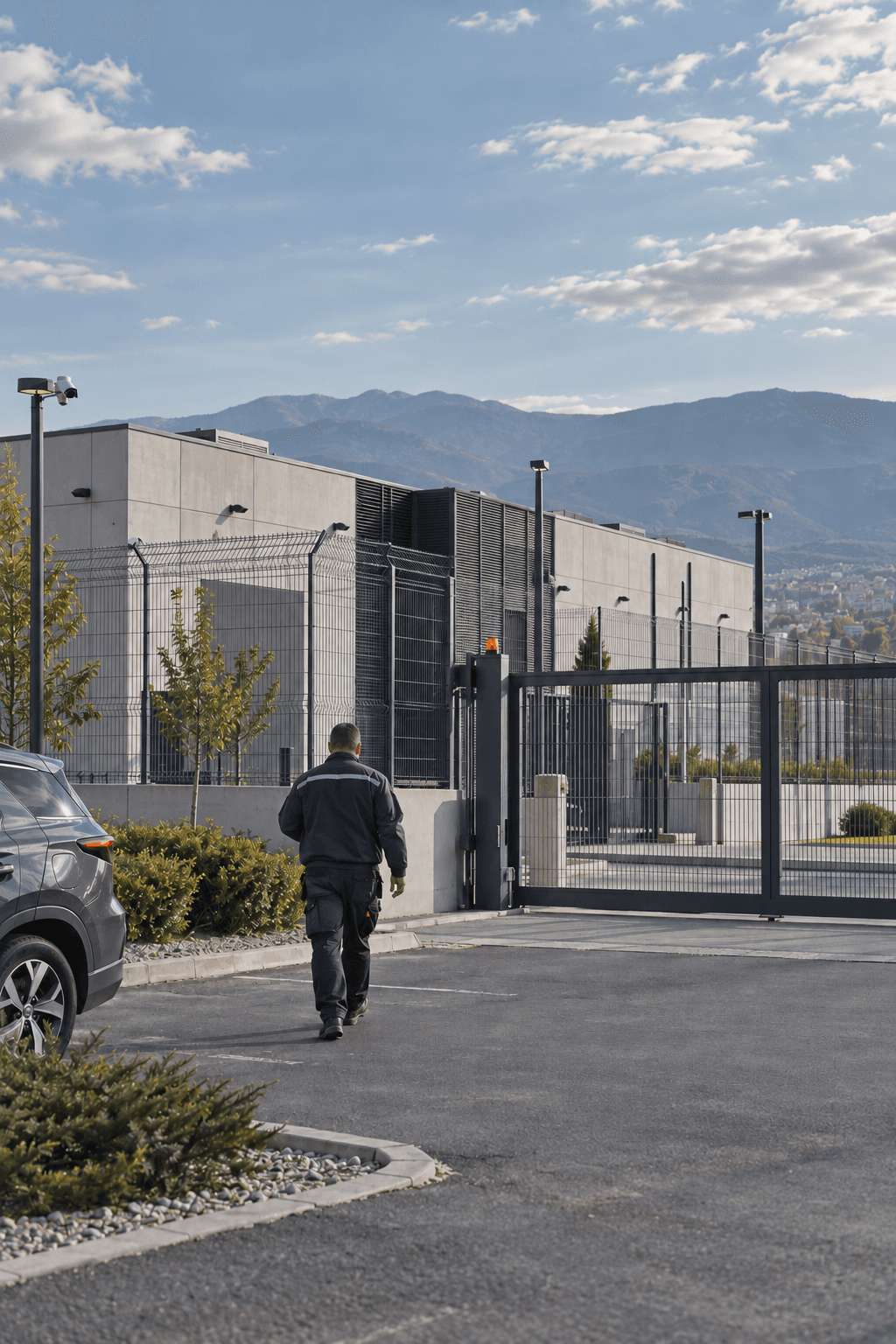 A technician walking to the secured gate of a data-centre building